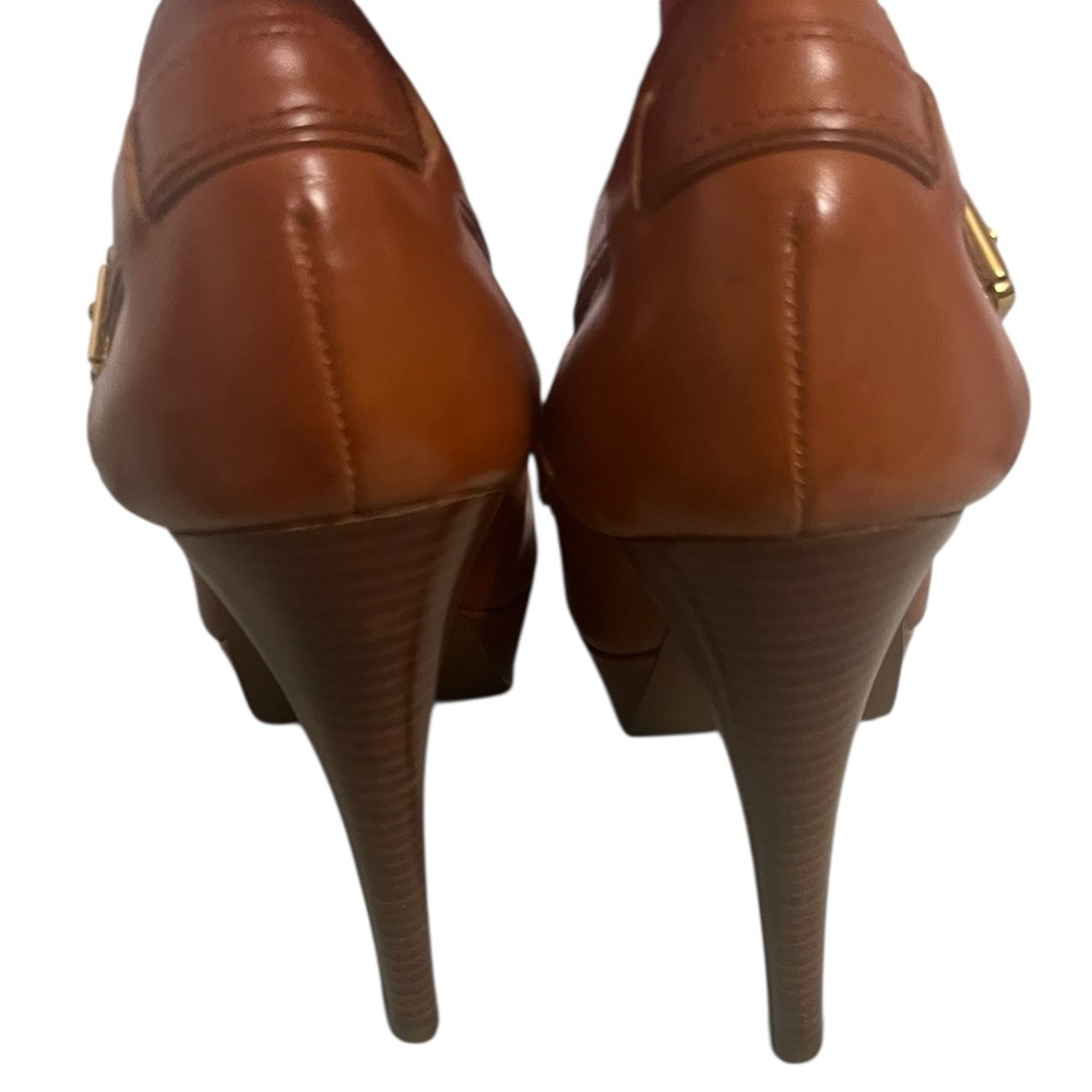 Michael Kors Brown Leather Platform Heels Size 8 Gold MK Logo - Picture 3 of 7